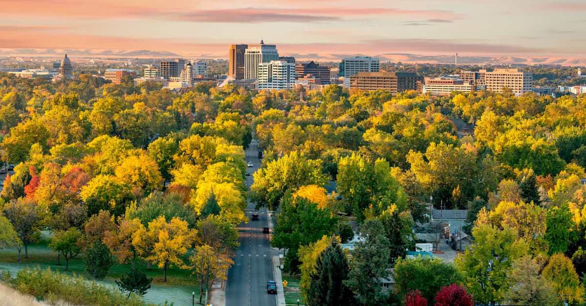 Boise skyline surrounded by autumn foliage.